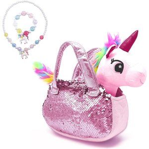 Passionfruit Pink Unicorn Rainbow Stuffe Animal with Purse Necklace Bracelet Toy